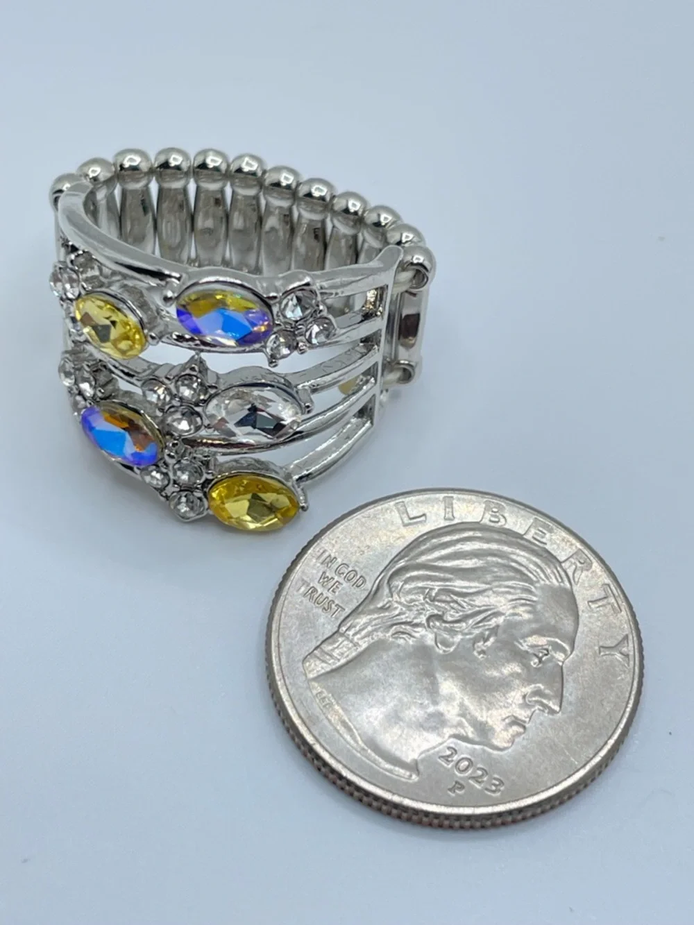 Silver Tone Multicolor Crystal Stretch Ring AB Yellow White Statement